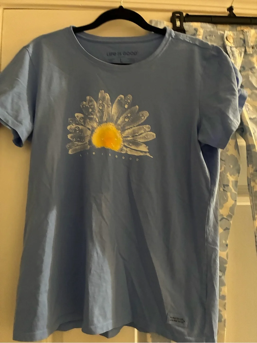 J. Crew Light Blue Floral Jeans and Life’s Good T-shirt Large